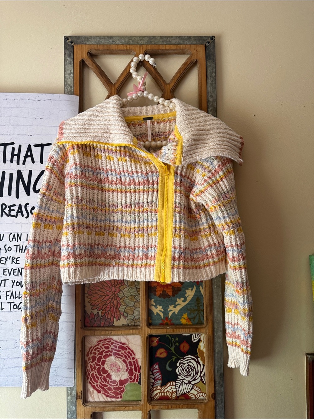 Free People Multicolor Knit Sweater with Yellow Trim
